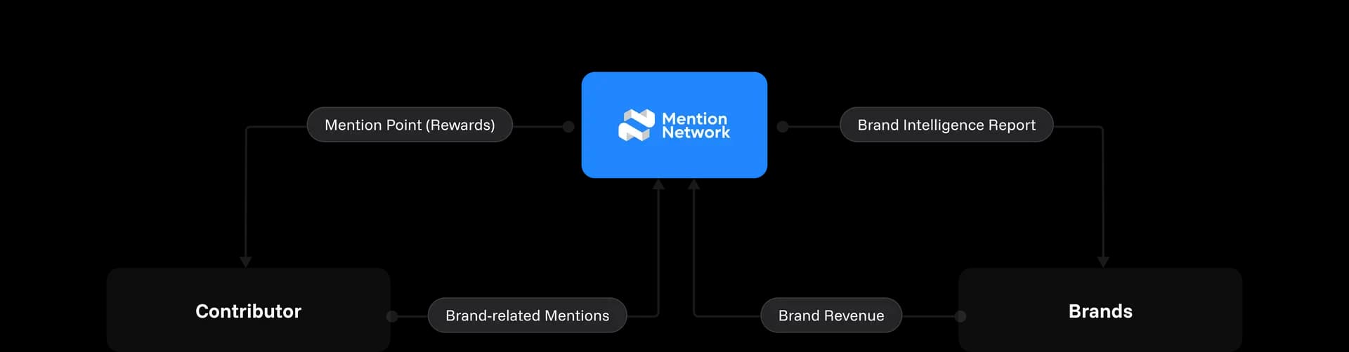 Mention Network data flow diagram showing how contributors earn rewards while brands gain AI visibility insights through a transparent, decentralized system