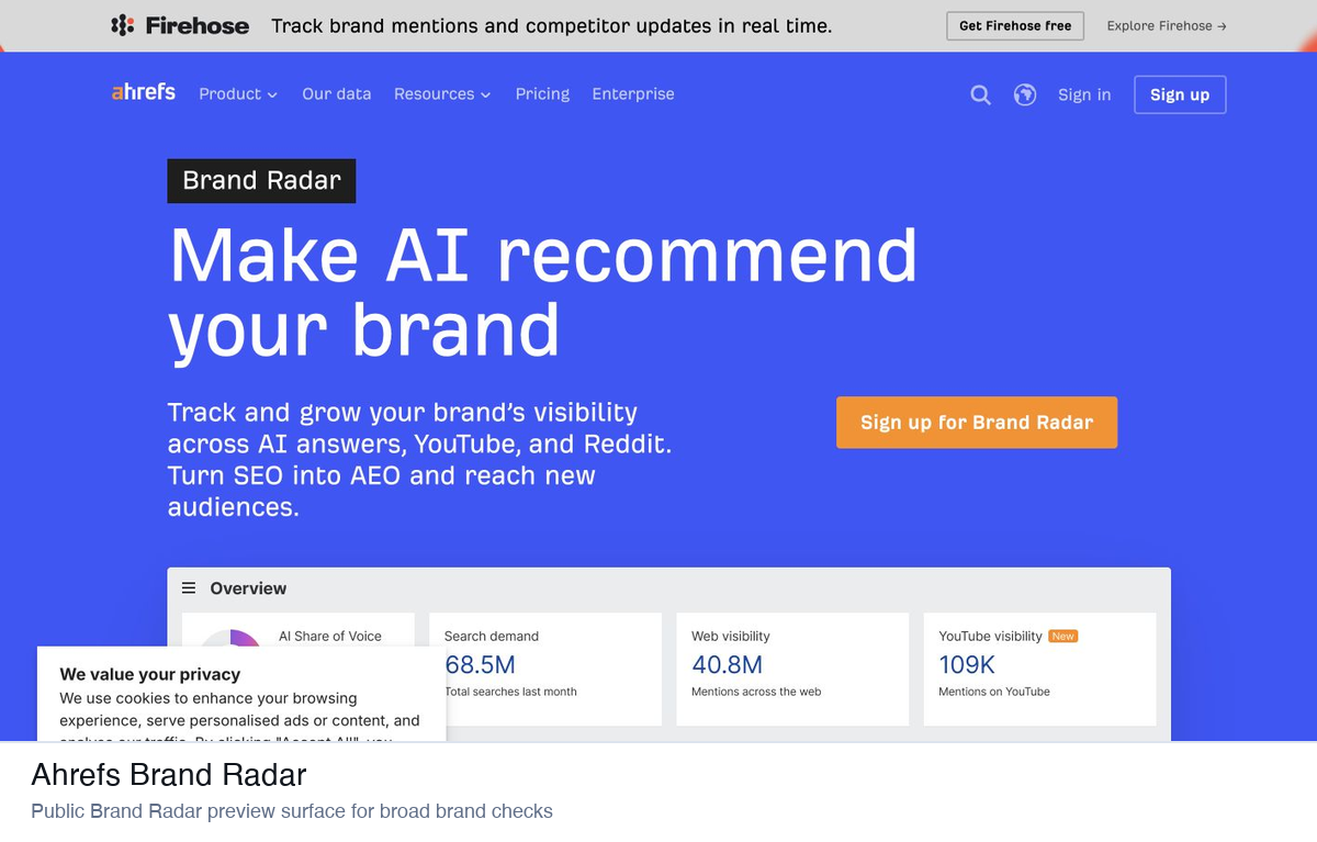 Ahrefs Brand Radar page showing AI visibility metrics and brand research preview