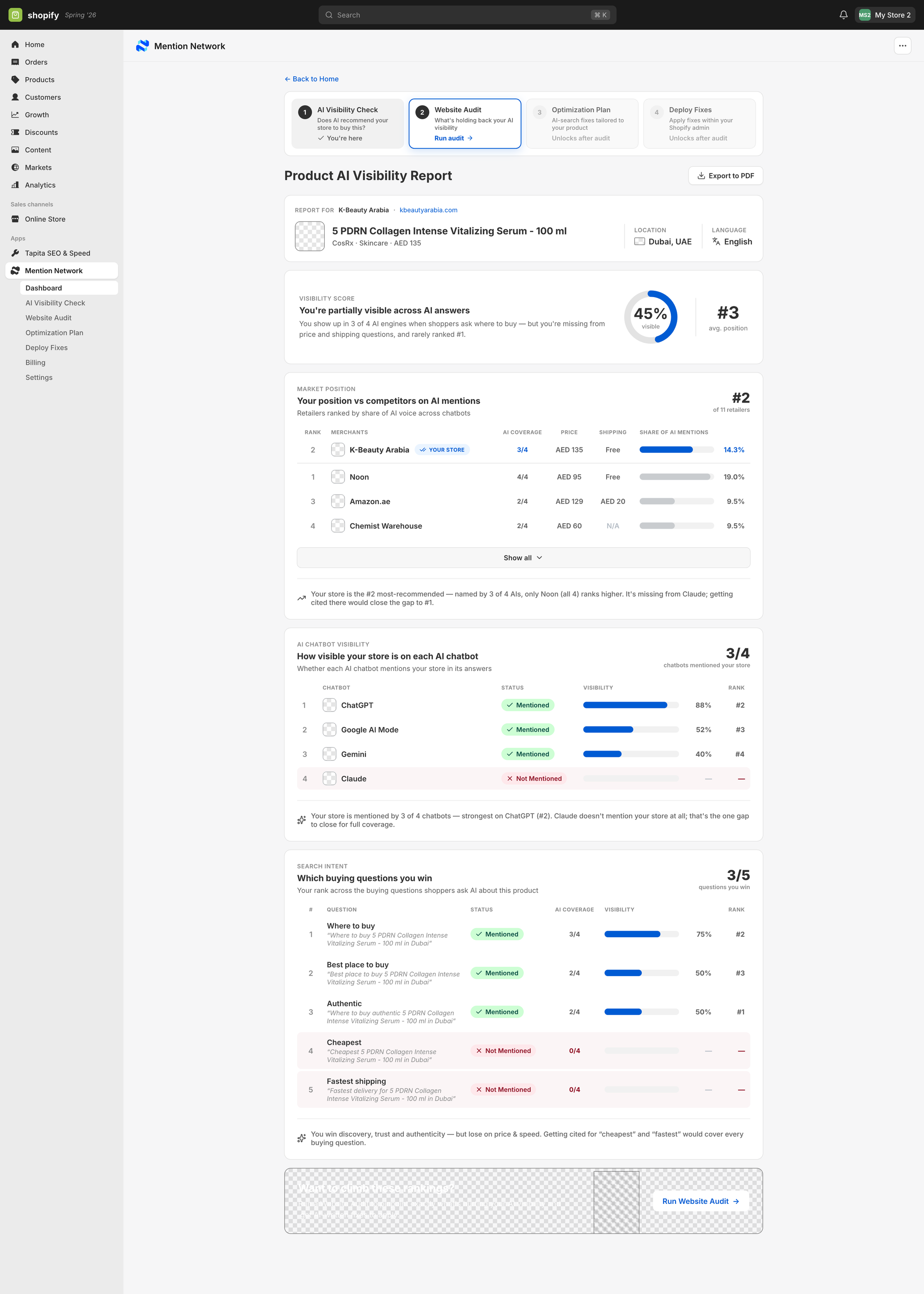 Google Rich Results Test showing a Shopify PDP with a valid Product markup: name, image, offer, and aggregateRating parsed; two warnings on missing brand and gtin fields, the two fields most Shopify themes leave blank