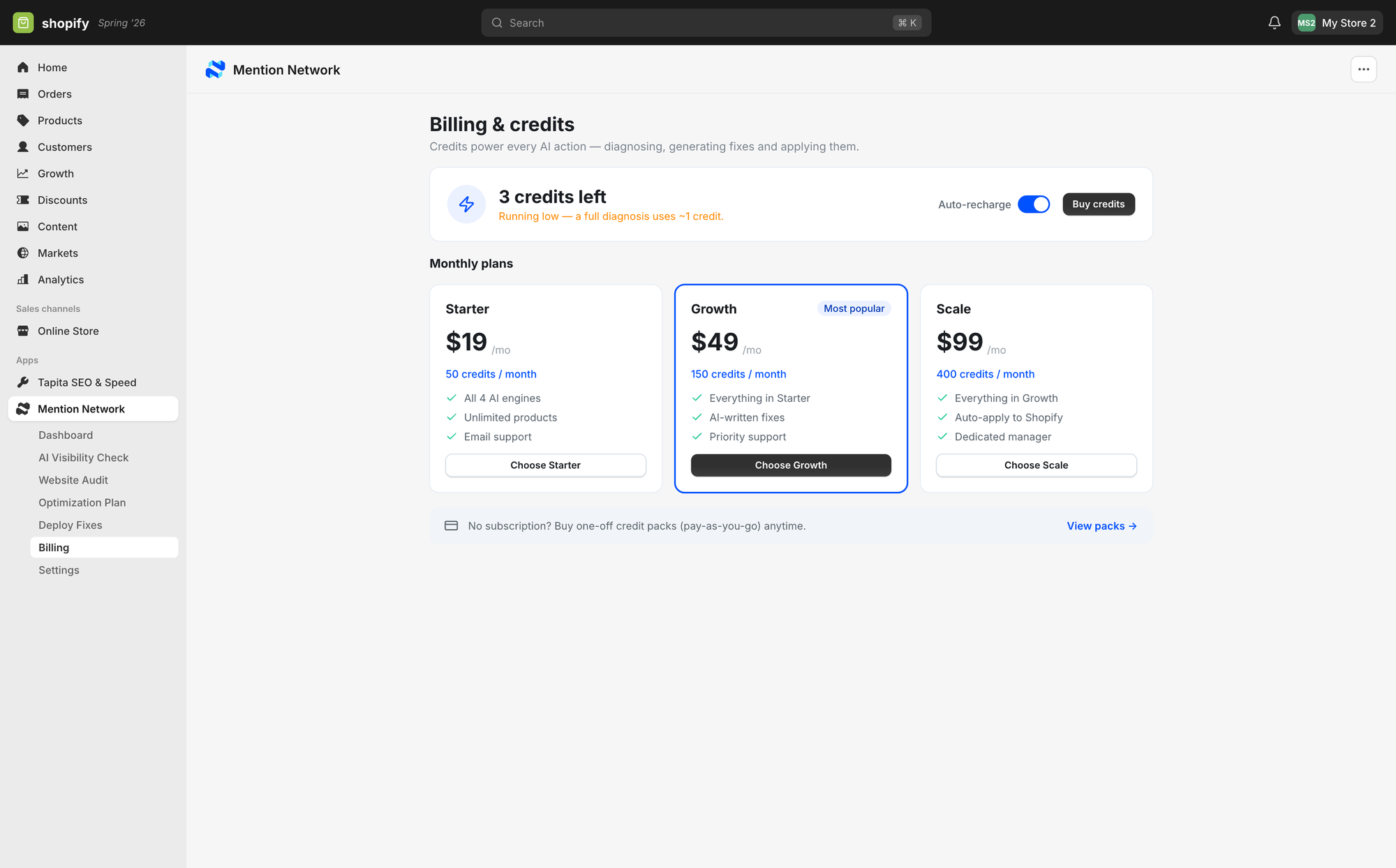Mention Network billing plans page inside the Shopify admin, showing the free tier for merchants running their first AI-visibility check-up and paid tiers for stores that want per-week monitoring and multi-engine coverage
