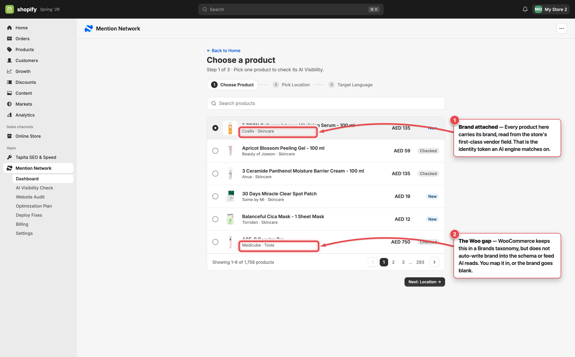 Mention Network product-picker screen with two numbered callouts ringing the brand line under two products