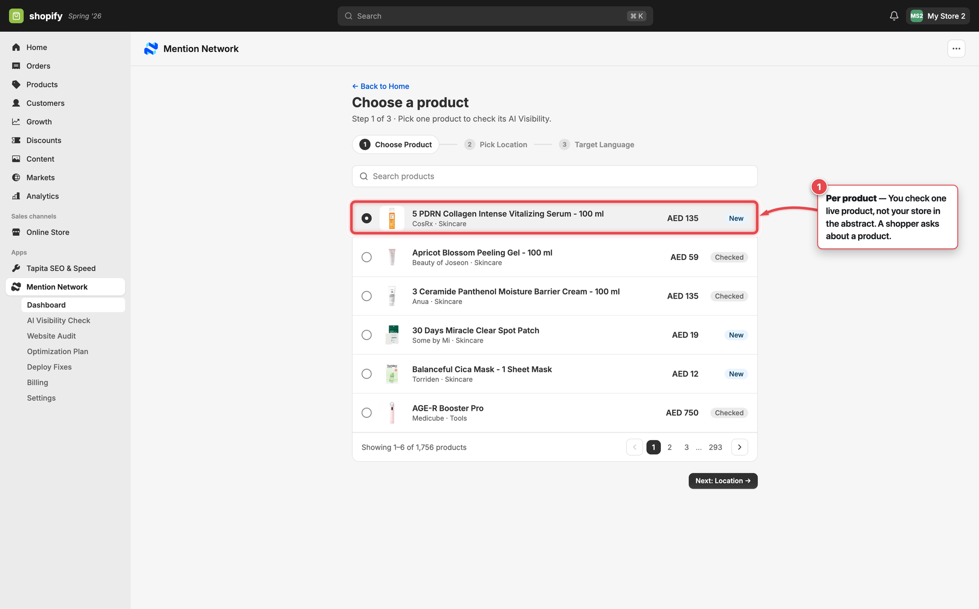 Choose-product screen showing the merchant's live catalog with one product selected, annotated to show the check runs per product