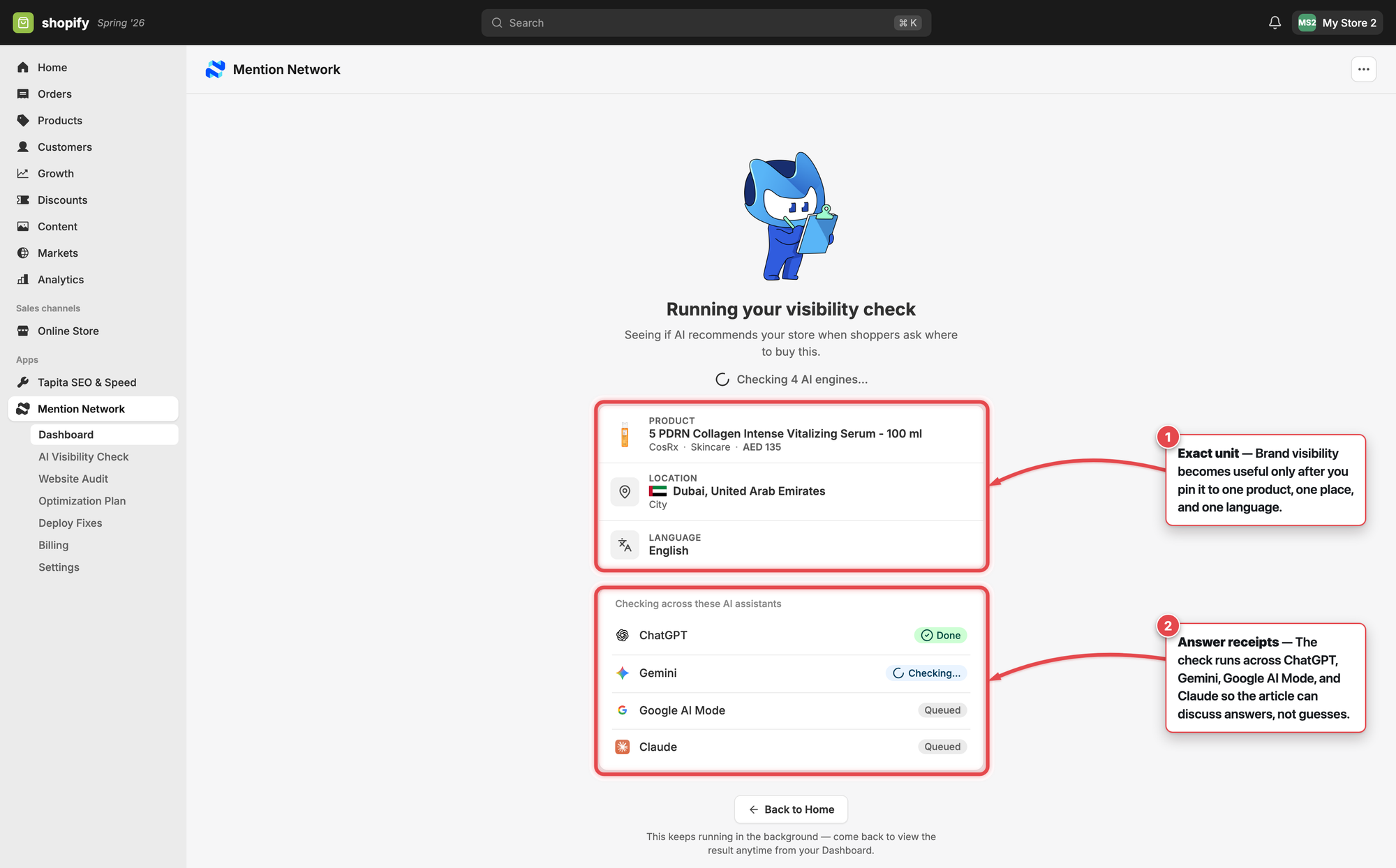 Visibility check running screen showing product location language and four AI engines