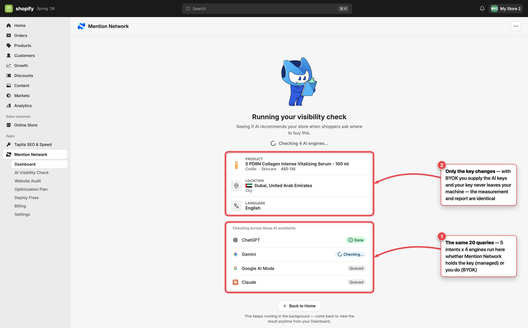 Live AI visibility check across ChatGPT, Gemini, Google AI Mode and Claude, with two numbered callouts on the engine list and product recap