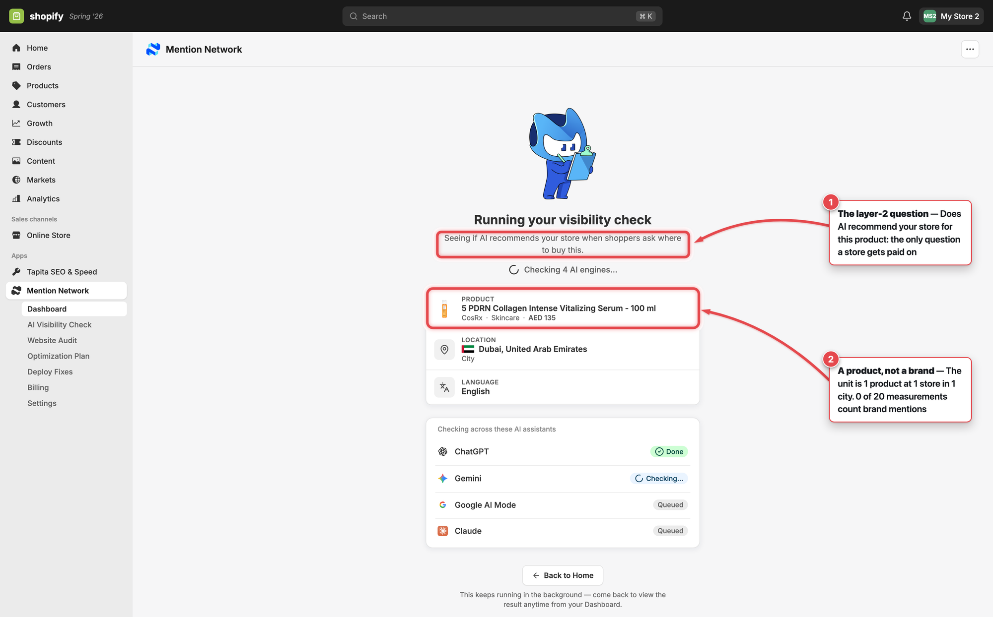Mention Network visibility check running for one serum in Dubai across four AI assistants