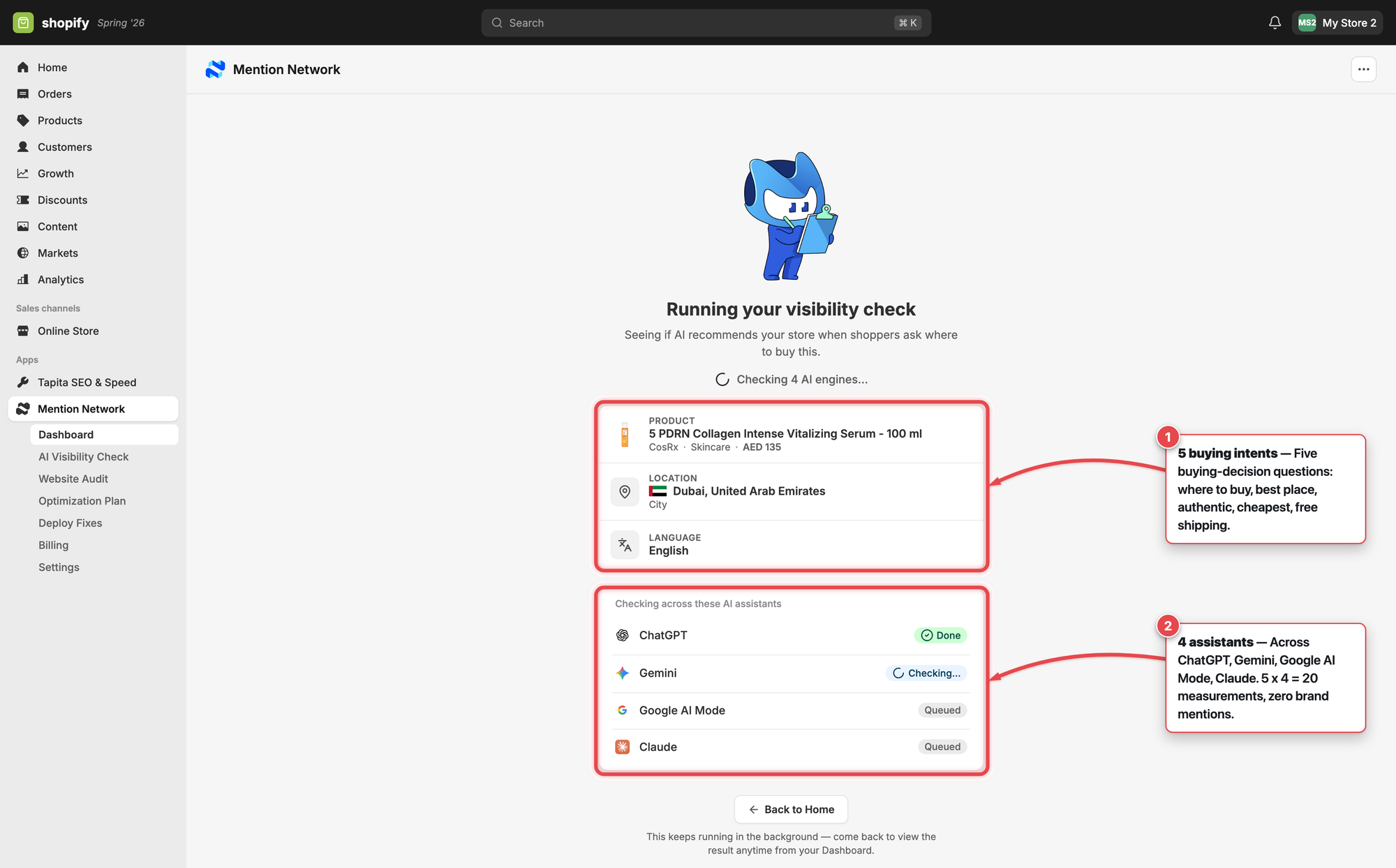 Running screen showing the check in progress across four AI engines, annotated with the intent set and the engine list