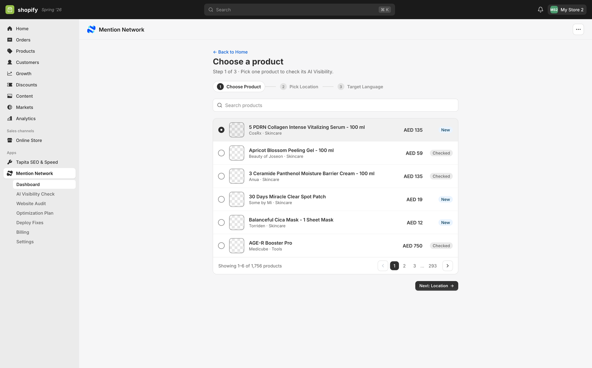 Step one of the check-up: Choose a product from your Shopify catalog. Each row is a SKU pulled from your live store data