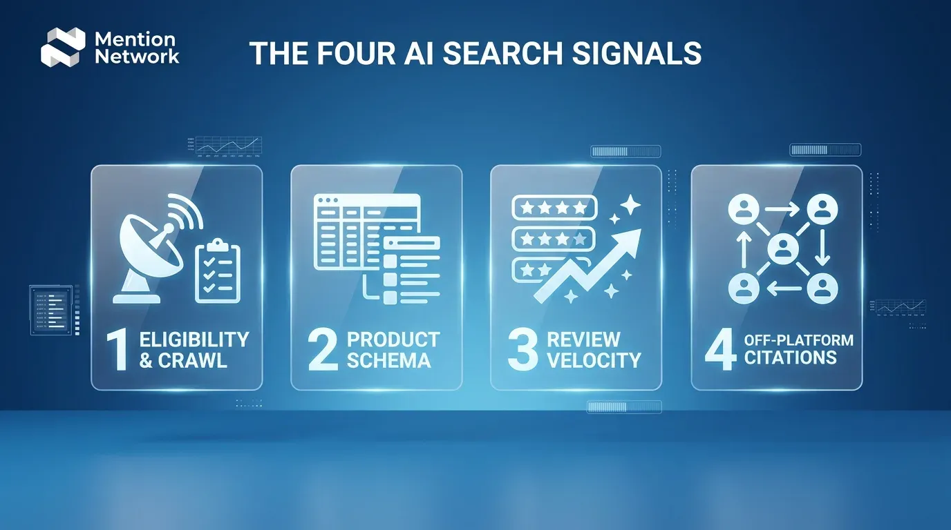 The four AI search ranking signals for Shopify stores, ordered: eligibility and crawl, product schema, review velocity, off-platform citations