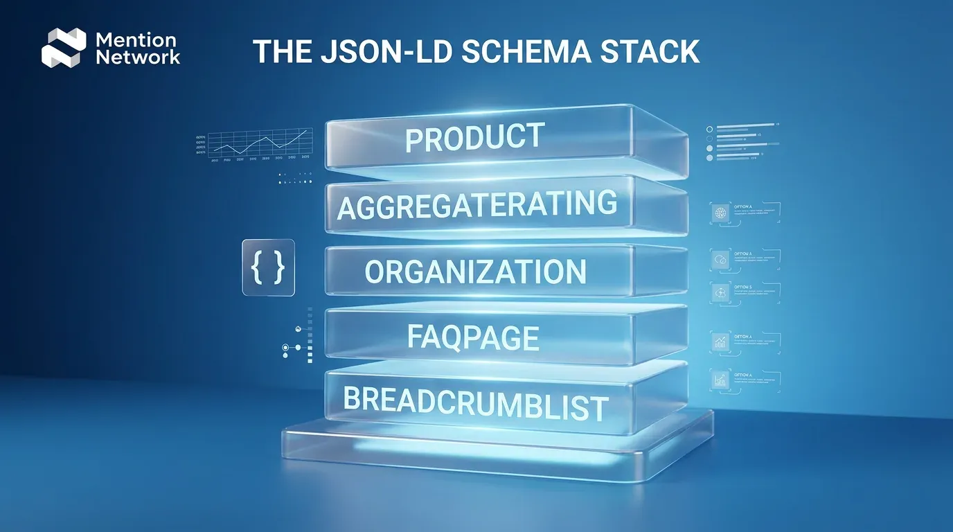JSON-LD structured data stack for a Shopify product page: Product, AggregateRating, Organization, FAQPage, BreadcrumbList