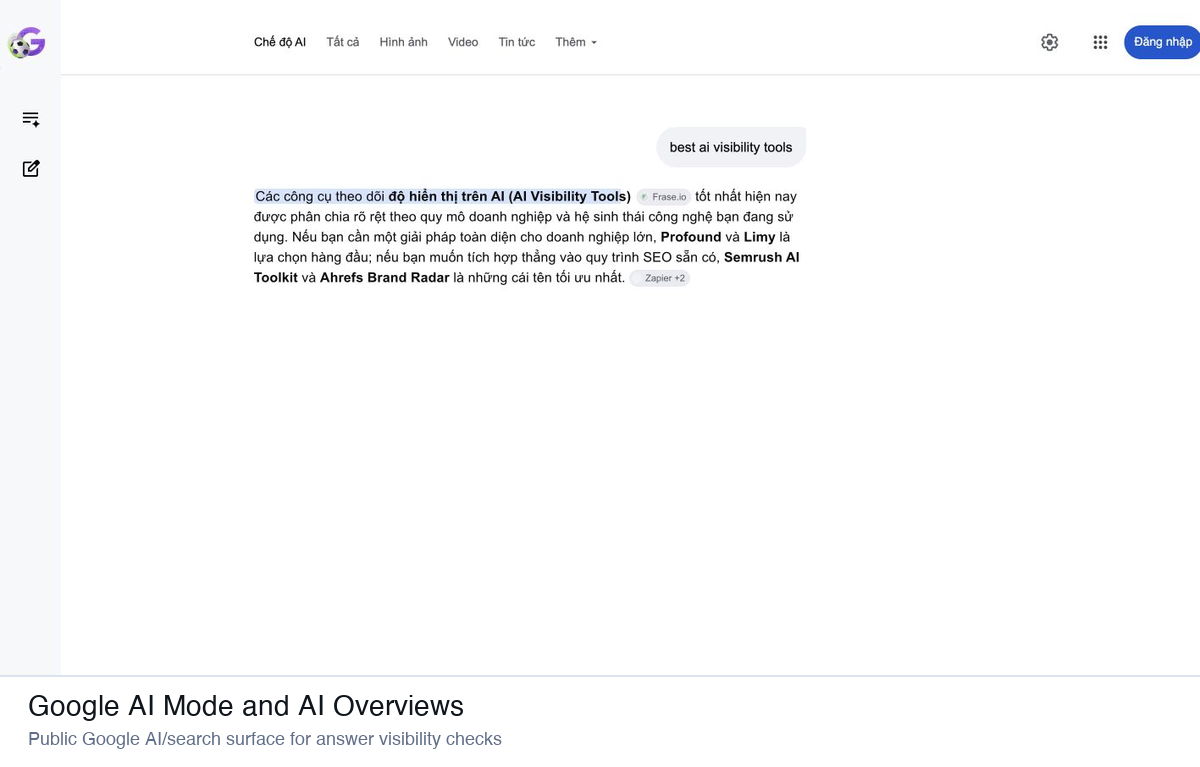 Google AI Mode search surface for checking answer visibility in Google