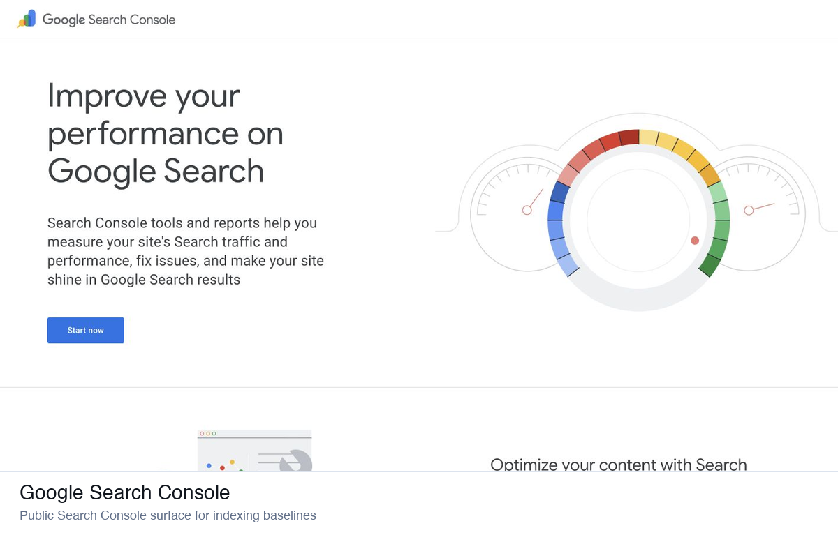 Google Search Console public page showing performance and indexing baseline interface