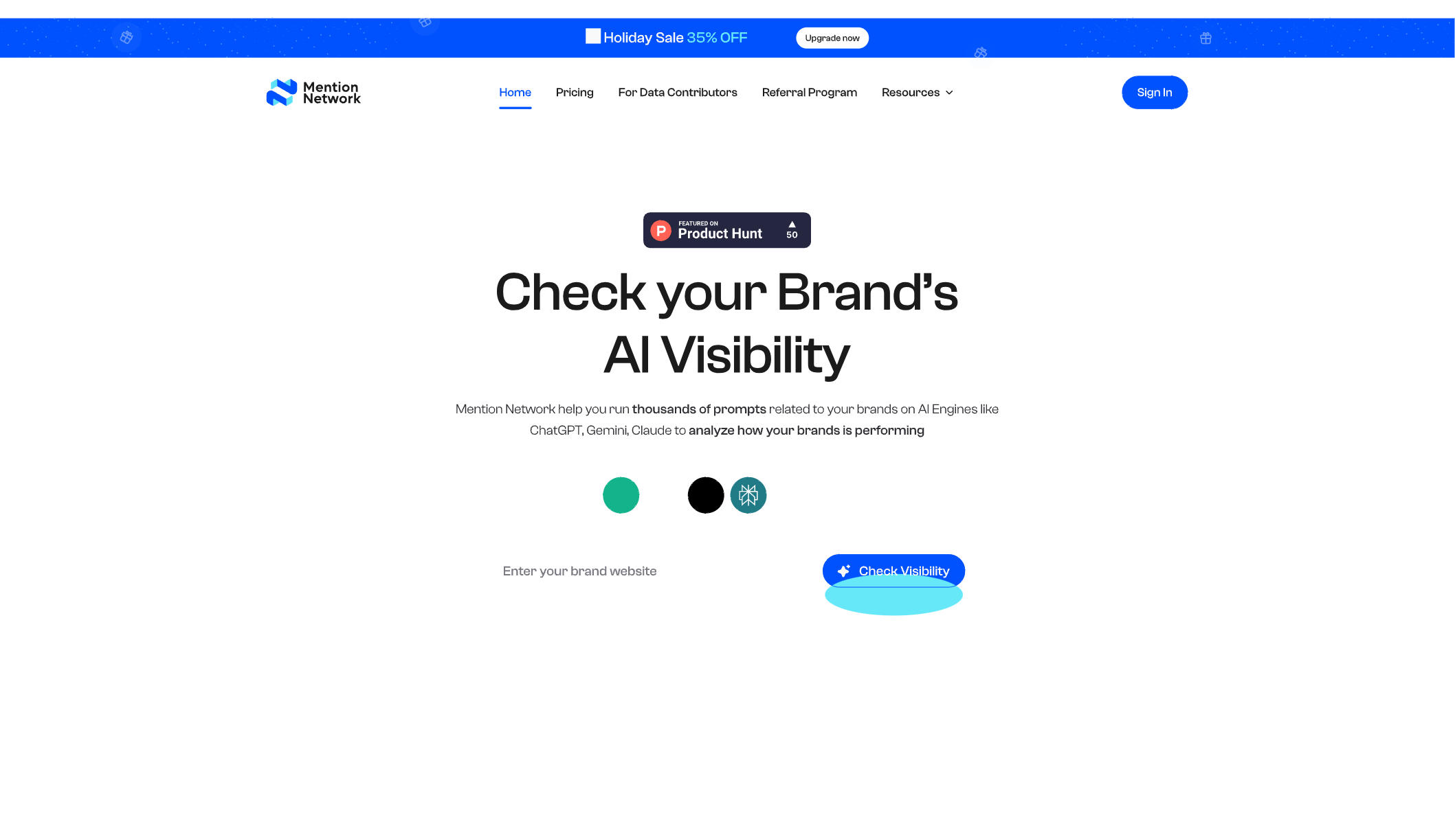 Mention Network home page hero inside the Shopify admin, showing brand website input, AI engine selector, and the Check Visibility CTA that starts a free AI-visibility scan across ChatGPT, Gemini, and Google AI