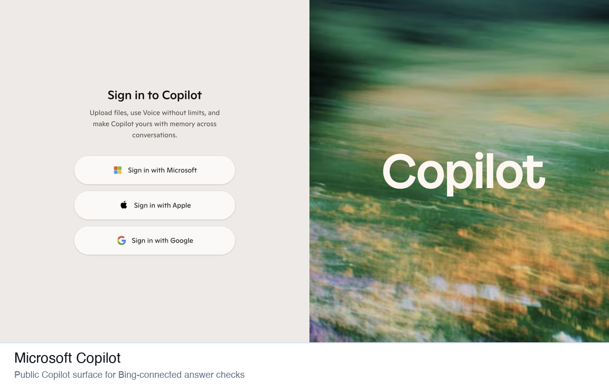 Microsoft Copilot sign-in surface for Bing-connected AI answer checks