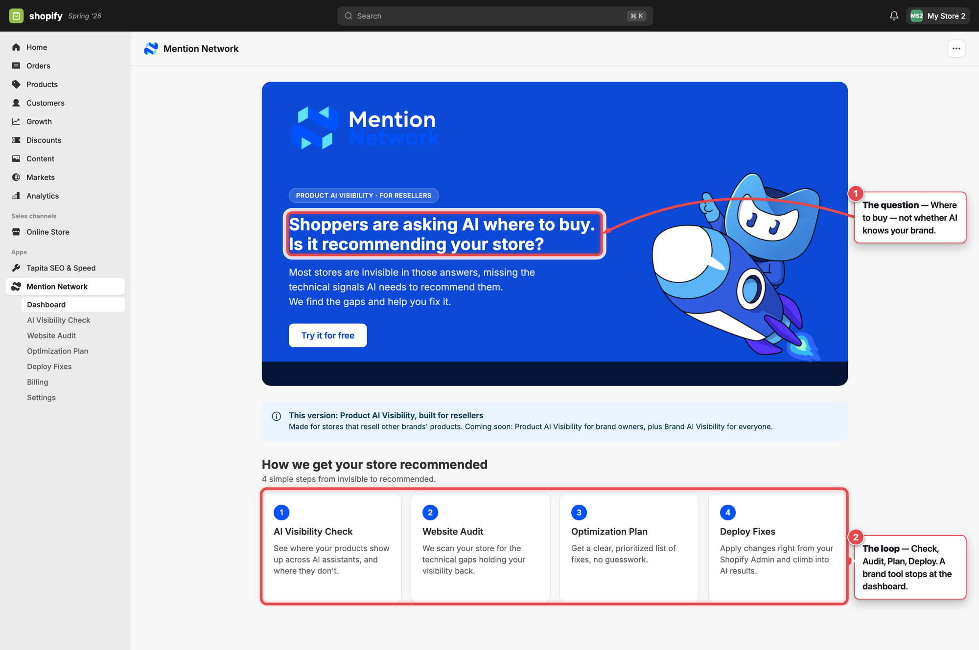 Onboarding welcome screen asking whether AI recommends your store, with two numbered callouts