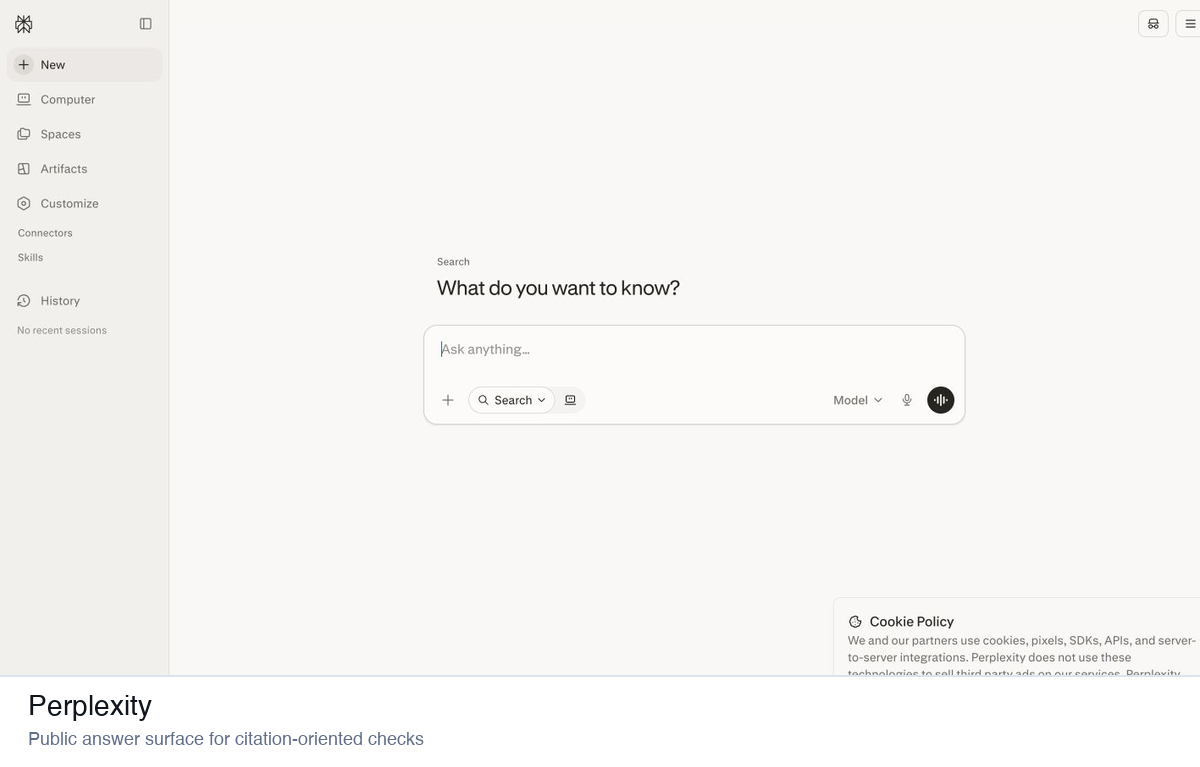 Perplexity search screen for citation-oriented AI answer checks