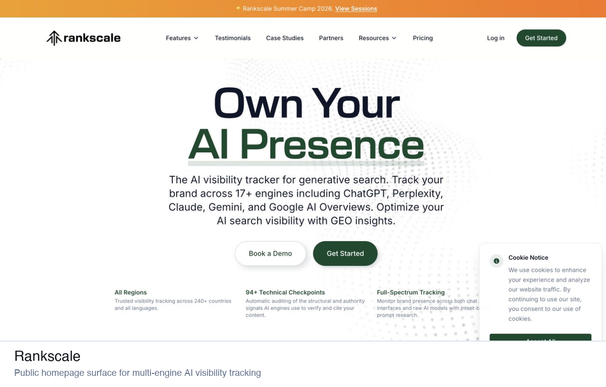 Rankscale homepage showing multi-engine AI visibility tracking and country coverage claims