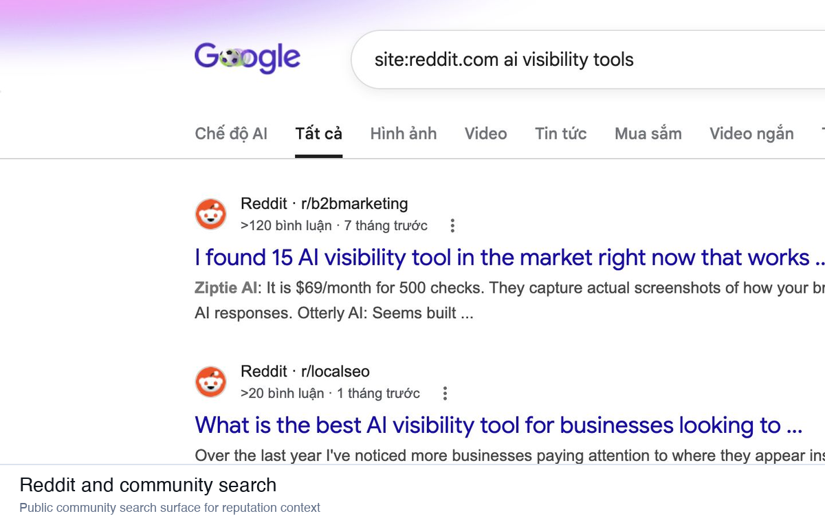 Community search results for Reddit discussions about AI visibility tools