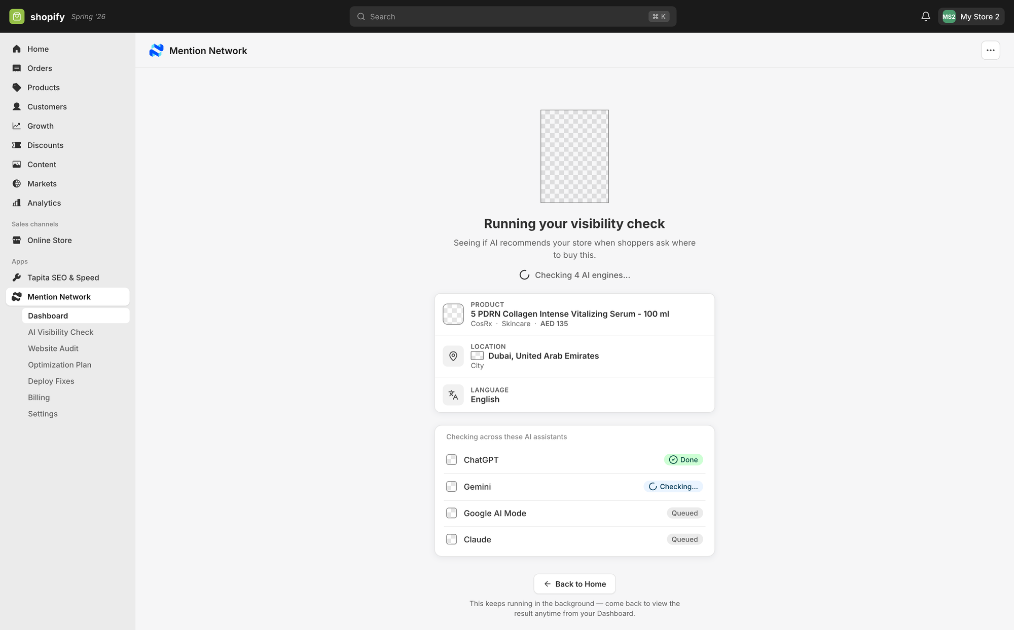 Mention Network AI visibility scan running across ChatGPT, Perplexity, Gemini, and Google AI for a Shopify store, showing per-engine progress and product-level results as they complete