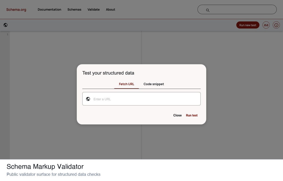 Schema Markup Validator page with structured data input panel