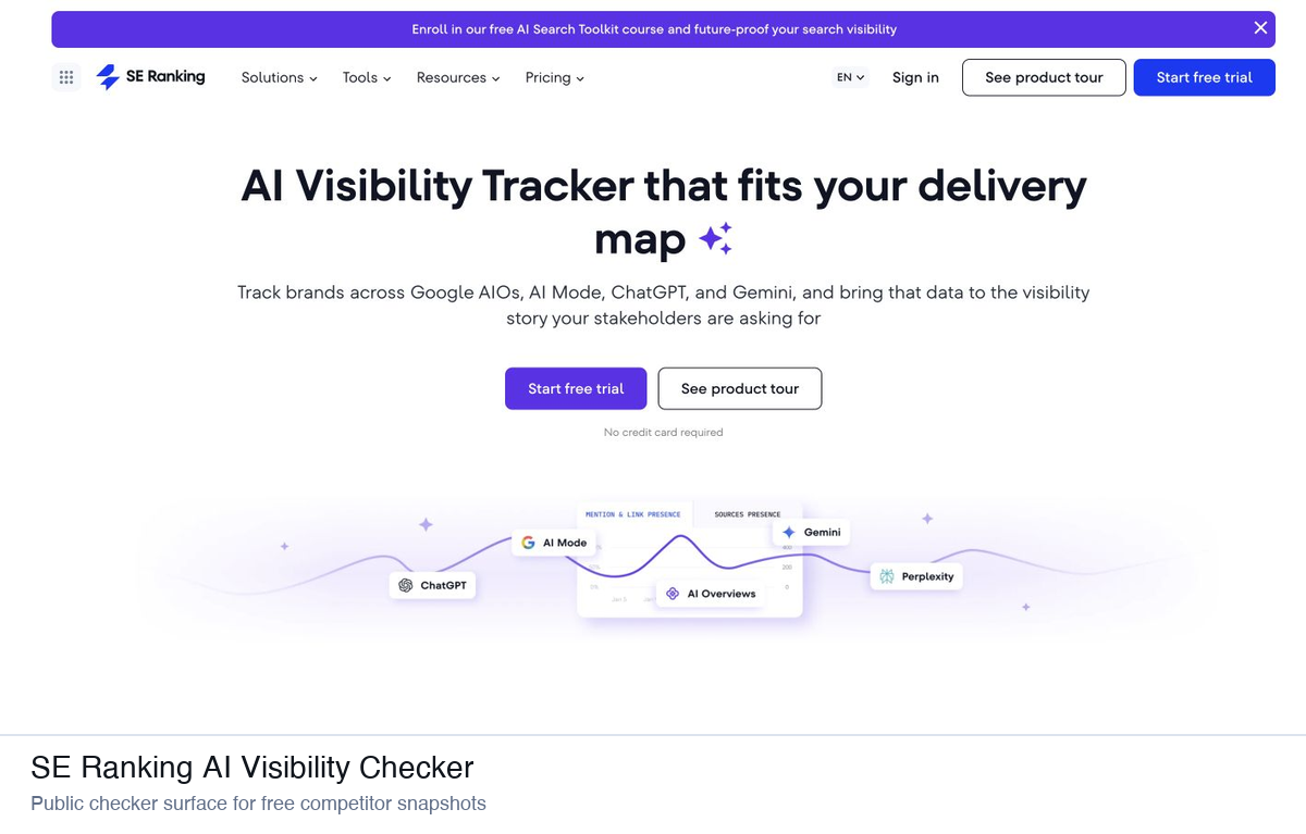 SE Ranking AI Visibility Checker page showing AI engines and competitor snapshot workflow