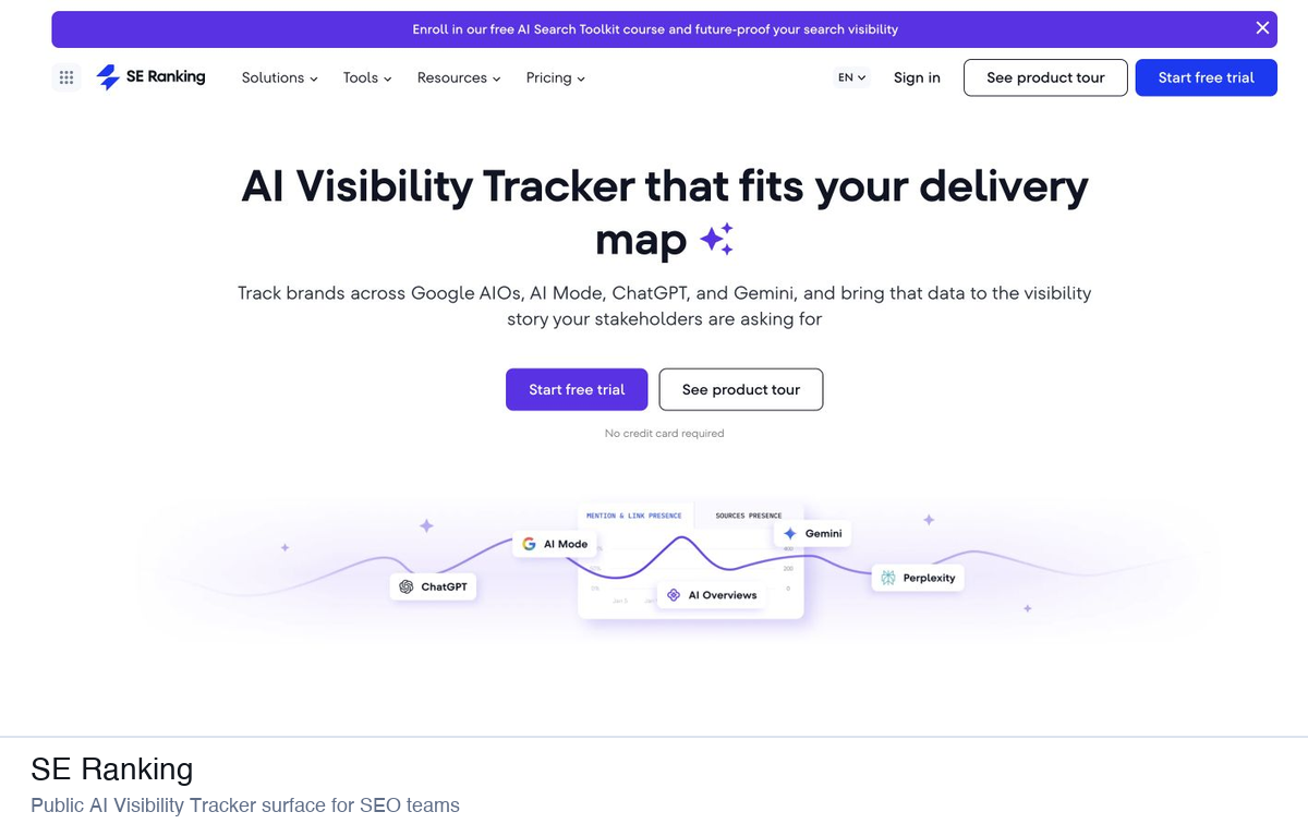 SE Ranking AI Visibility Tracker page showing AI engines and competitor visibility workflow