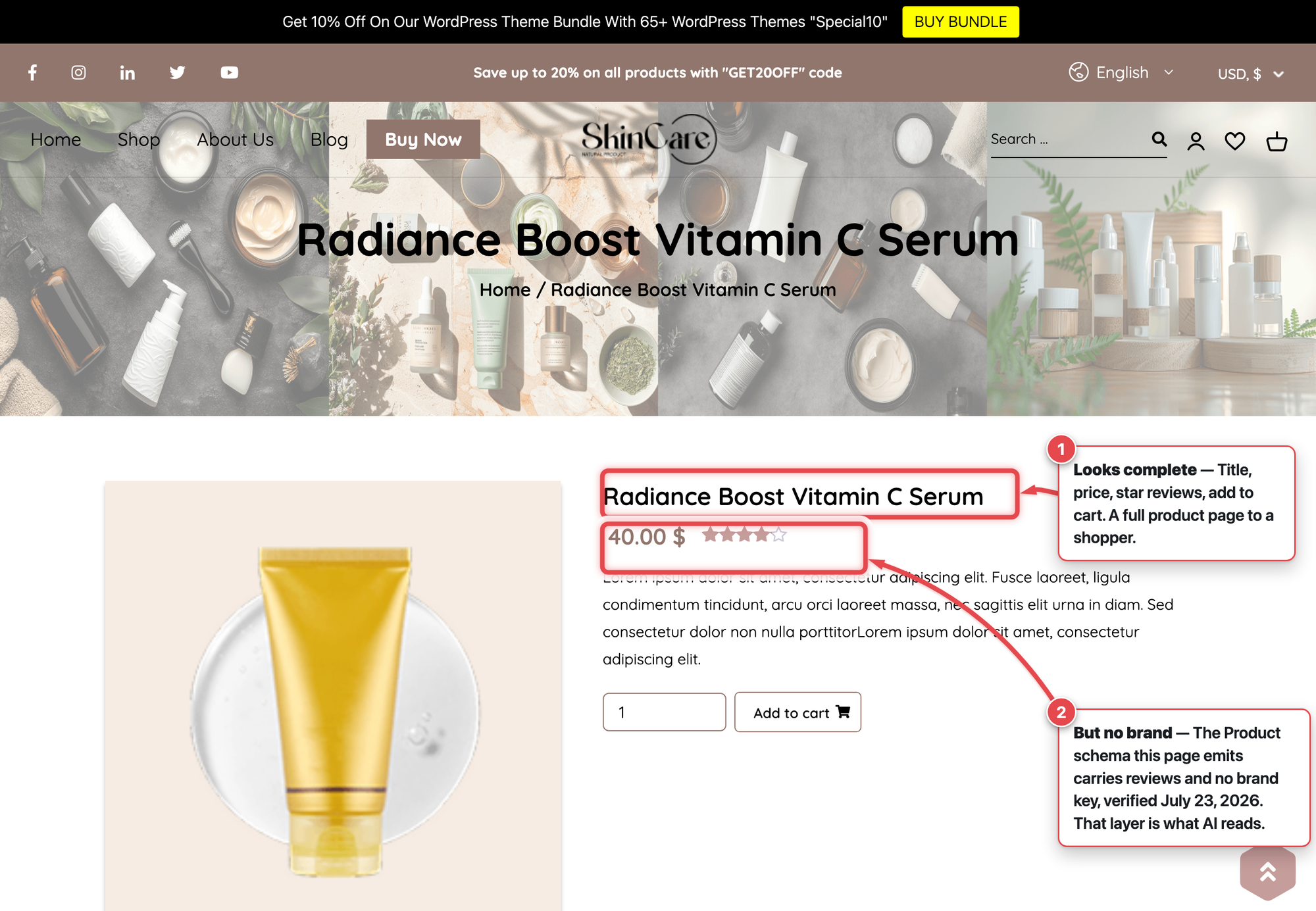 Live WooCommerce skincare product page for a vitamin C serum, with two numbered callouts on the title and rating