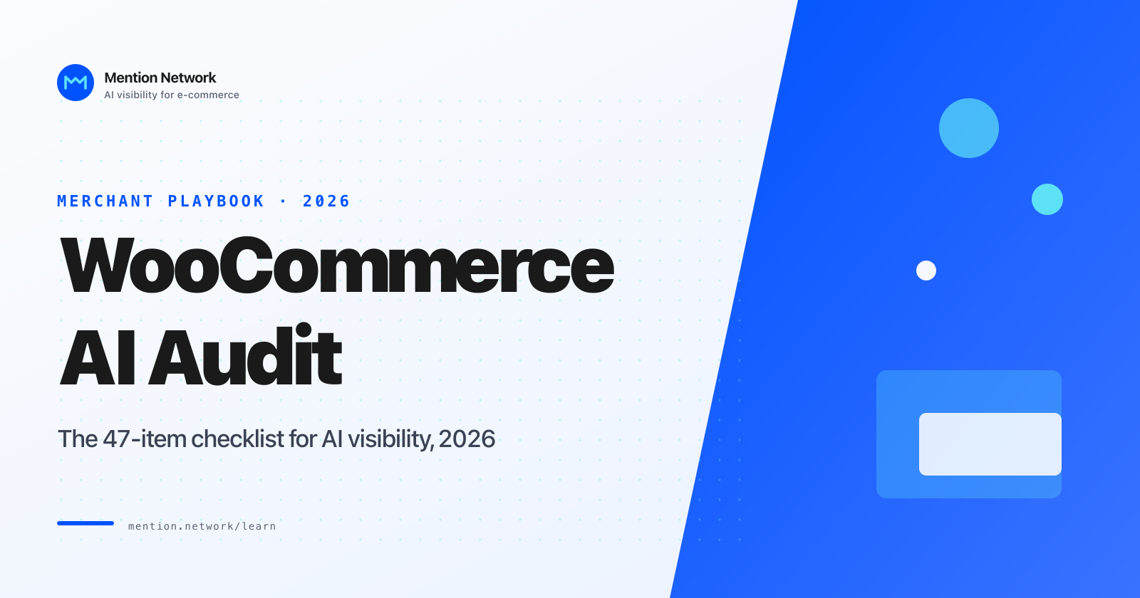 Mention Network title card reading WooCommerce AI Audit in bold black, with a merchant playbook label and blue geometric panel