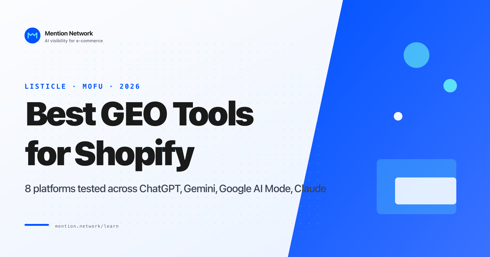 Mention Network title card reading Best GEO Tools for Shopify, with a blue diagonal panel and a listicle 2026 label