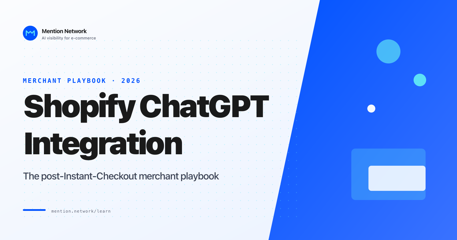 Mention Network title card reads Shopify ChatGPT Integration on a light panel beside a blue diagonal section with floating circles