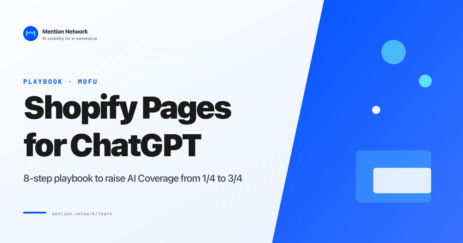 Title card with bold headline Shopify Pages for ChatGPT, PLAYBOOK MOFU label, Mention Network logo, and a blue geometric panel