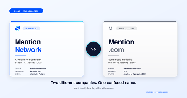 Two side-by-side comparison cards, Mention Network in blue versus Mention .com in gray, joined by a dark VS badge