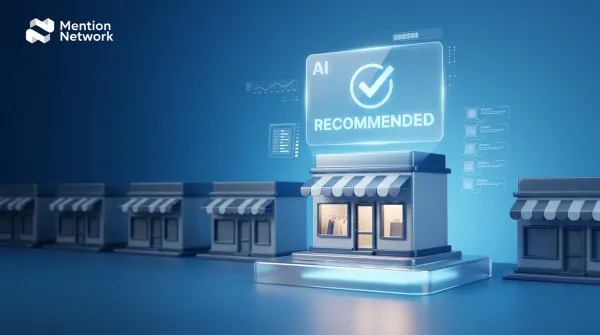 Row of gray storefront icons on blue with one lit shop beneath a glowing AI Recommended checkmark panel, Mention Network logo