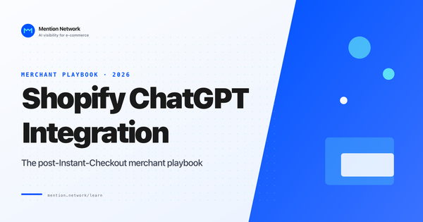 Mention Network title card reads Shopify ChatGPT Integration on a light panel beside a blue diagonal section with floating circles