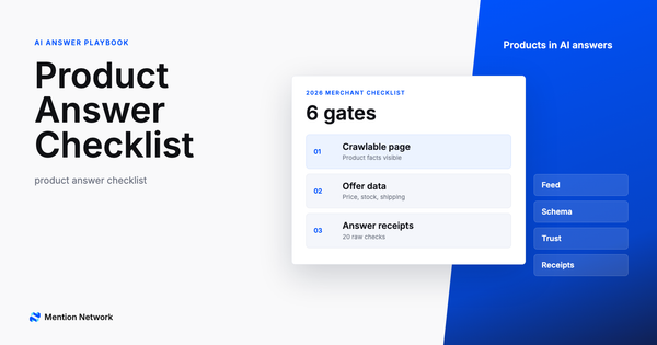 Product answer checklist card with six steps for AI answer eligibility
