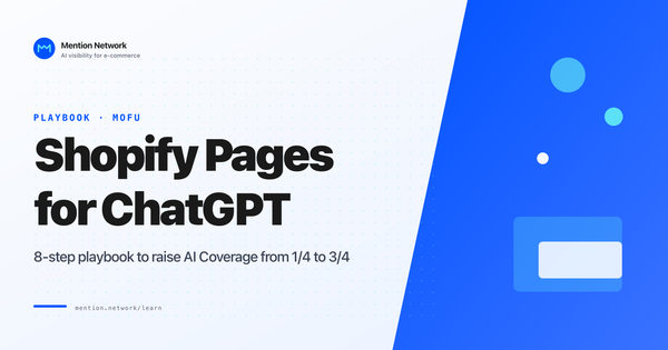Title card with bold headline Shopify Pages for ChatGPT, PLAYBOOK MOFU label, Mention Network logo, and a blue geometric panel