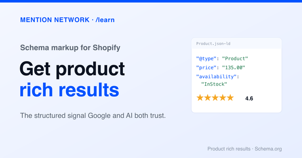 Mention Network /learn title card, Get product rich results, beside a Product JSON-LD panel showing price, InStock, and 4.6 stars