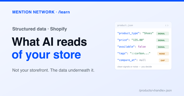 Title card reading What AI reads of your store beside a product.json panel tagging fields as signal, noise, and gap