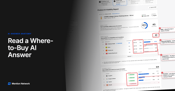 Product AI Visibility Report, angled cover, four numbered red callouts on store presence, rank, competitors by share of voice, and price and shipping